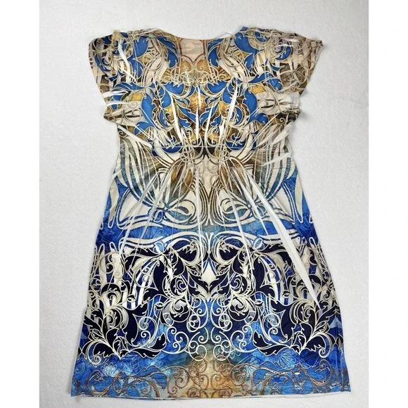 Live and Let Live Boho Beaded V-Neck Scroll Print Dress Women's Size L - Picture 6 of 10